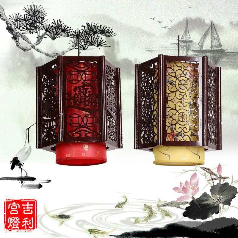 新款室内木质镂空工艺灯笼中式羊皮吊灯灯笼木雕仿古宫灯手工