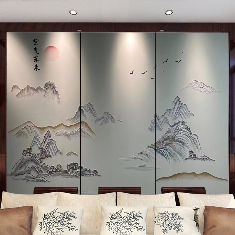 新中式客厅沙发刺绣背景墙酒店床头壁布高端卧室硬包电视山水壁画