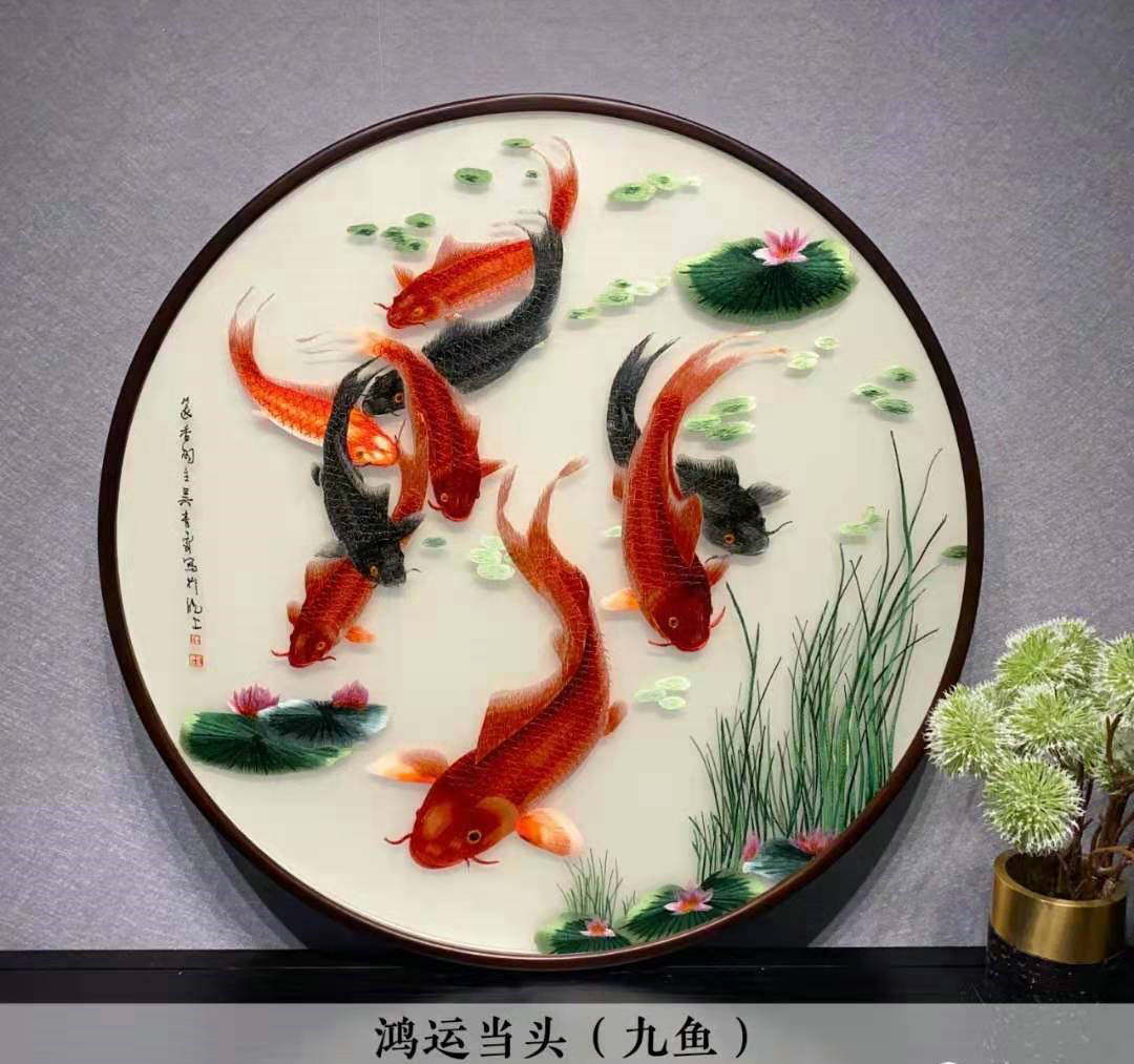 苏州刺绣圆形带框成品饰画玄走廊挂画荷客厅床