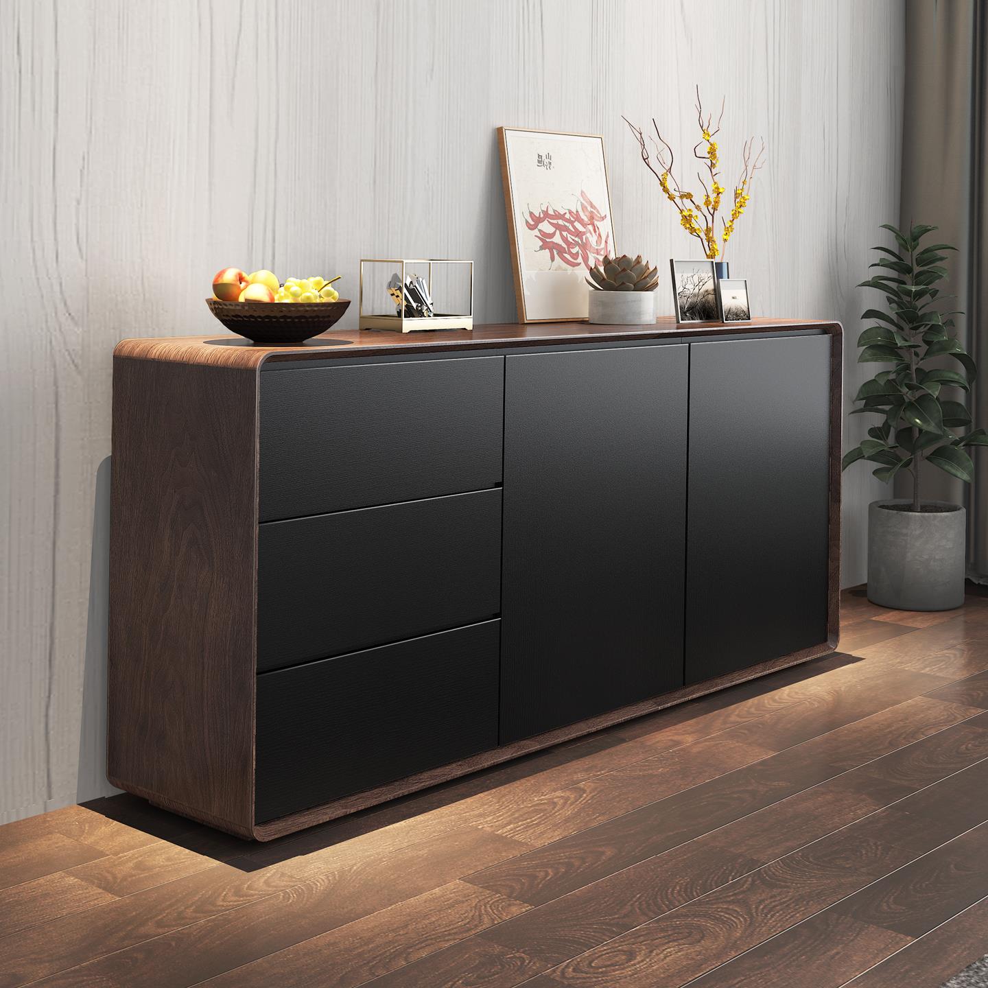 实木餐边柜靠墙一体储物柜极简客厅黑色茶水柜斗柜玄关柜置物柜子