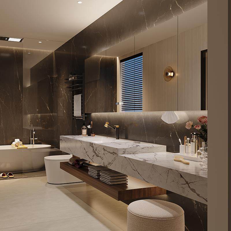 意式轻奢浴室柜梳妆台一体组合岩板热弯盆卫生间洗脸洗手池化妆台