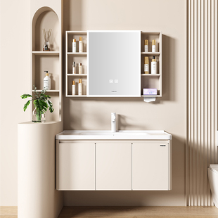Faenza法恩莎奶油风不锈钢浴室柜组合陶瓷加深一体洗手盆洗脸盆柜