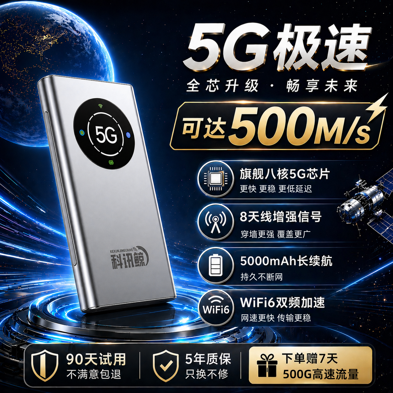 科讯鲸5G随身wifi免插卡无线网络随身wifi5g千兆双频高速流量双网通用便携式移动车载家用租房直播无线路由器