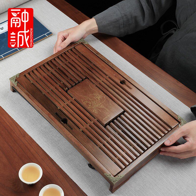 融诚小兰香茶盘实木抽屉式储水茶盘大号柯木茶盘茶茶茶具茶盘