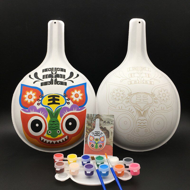 虎传统文化手工美术课社火马勺脸谱绘画带纹白坯材料包