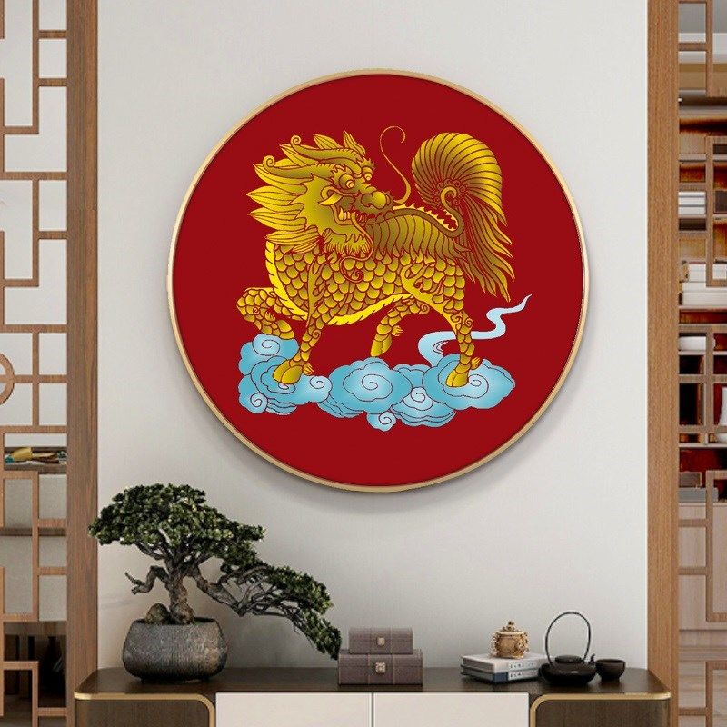 大神兽麒麟献瑞装饰画玄关竖招财挂画客厅老房子壁画麒麟送子