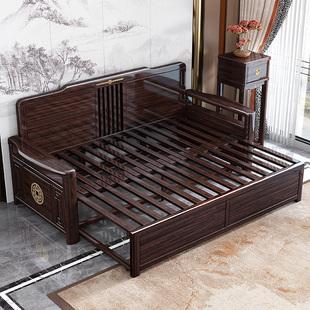 新全实木紫金檀罗汉床榻推拉伸缩两用沙发床小户型客厅