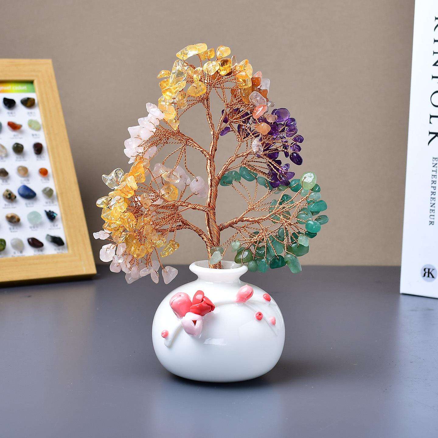 天然水晶招财树摆件彩色碎石摇钱树 家居装饰水晶树