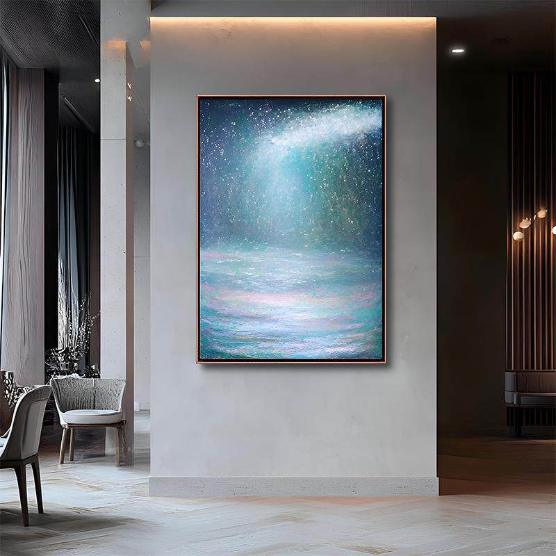 《蓝影金辉》餐厅装饰画梦幻星辰酒店过道挂画样板间工装手绘油画