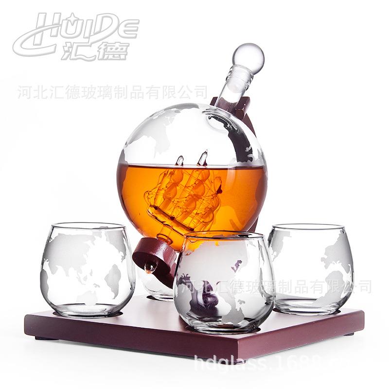 四杯地球仪造型醒酒器 内置帆船造型酒瓶套装