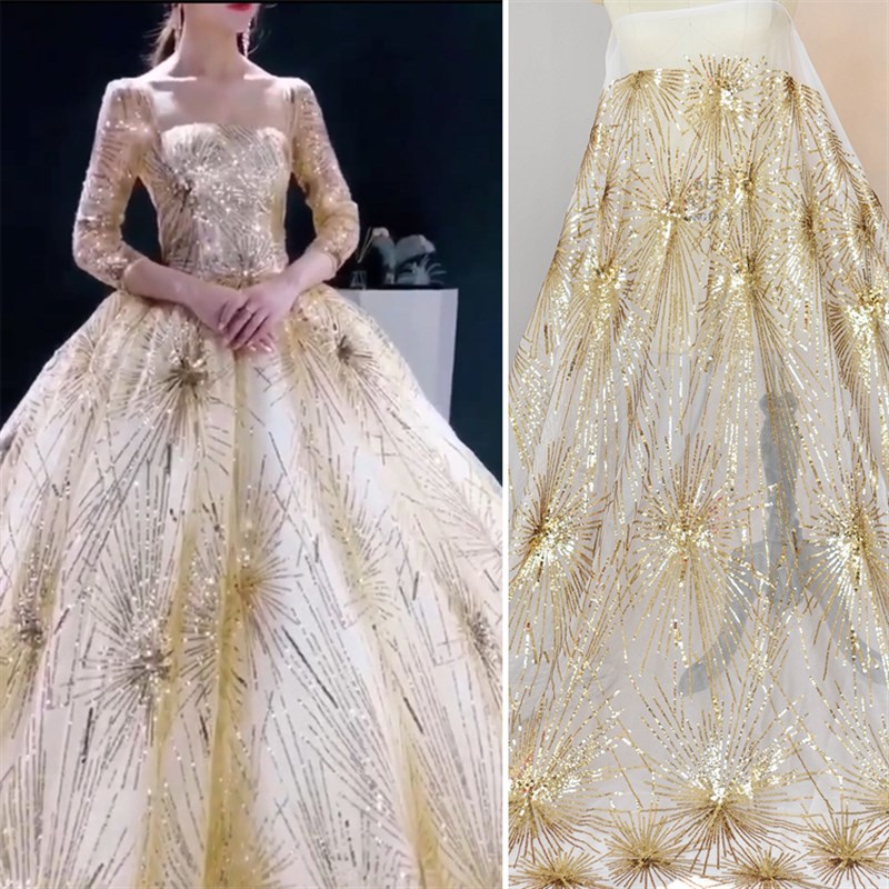 欧美大刺绣金色亮片蕾丝面料婚纱礼服居饰布料手工辅料白
