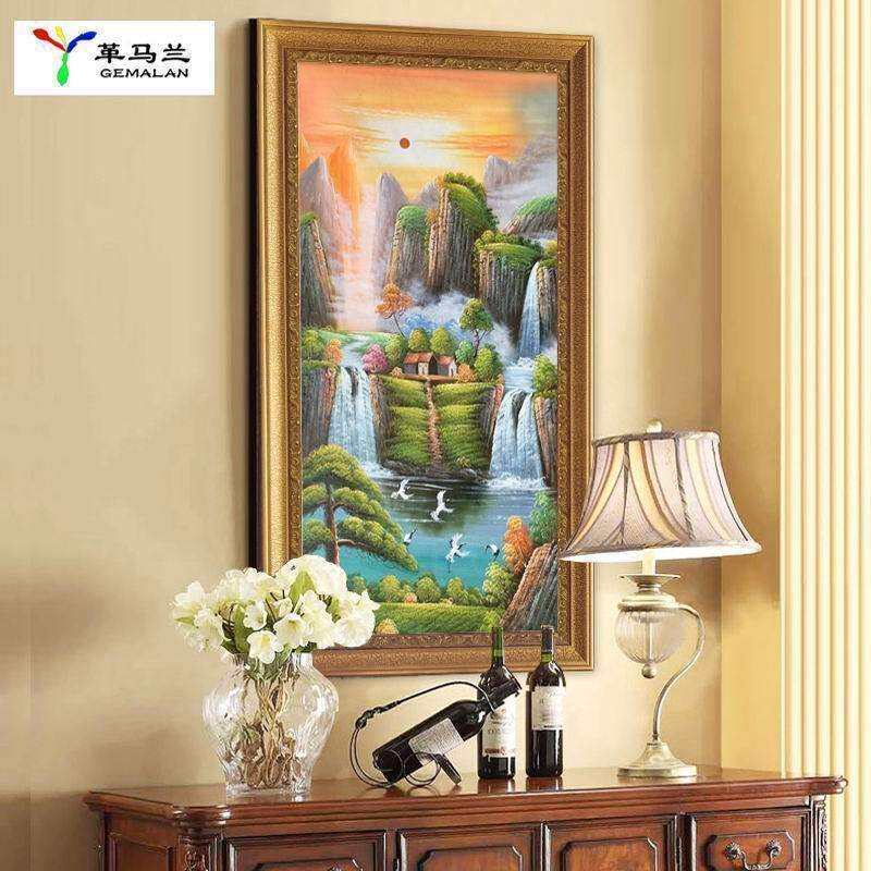 聚宝盆玄关装饰画走廊竖版壁画山水风景仿真客厅风水挂画欧式油画