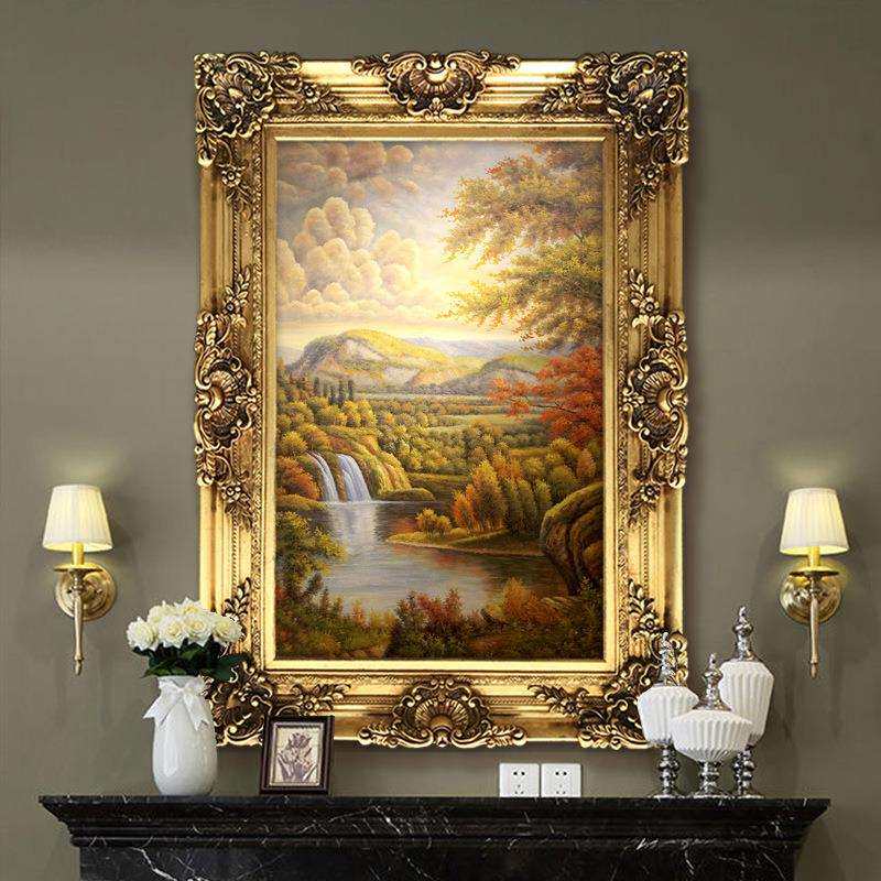 欧式玄关装饰画聚宝盆客厅走廊挂画美式山水画壁画古典风景油画竖
