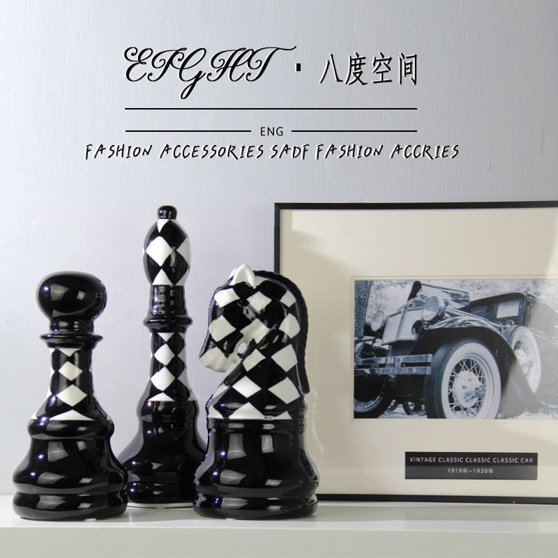 黑白国际象棋时尚样板间书房书柜书架电视柜摆设