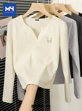 唐狮集团V领长袖t恤女秋2025新款学生纯棉正肩内搭打底修身上衣服