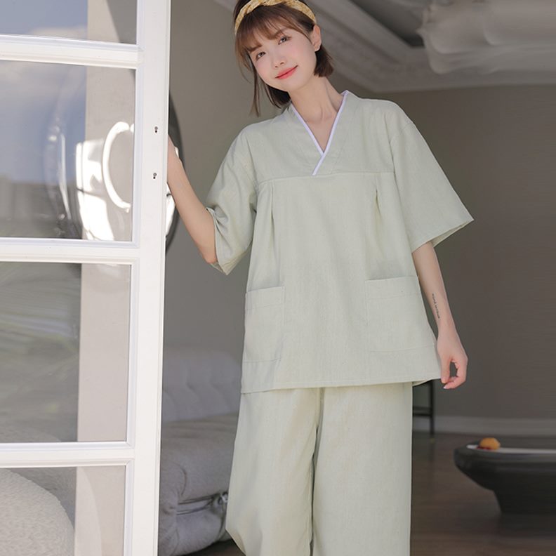 家居服桑拿服睡衣男七分裤按摩服款高档服情侣亚麻洗浴汗蒸服女款