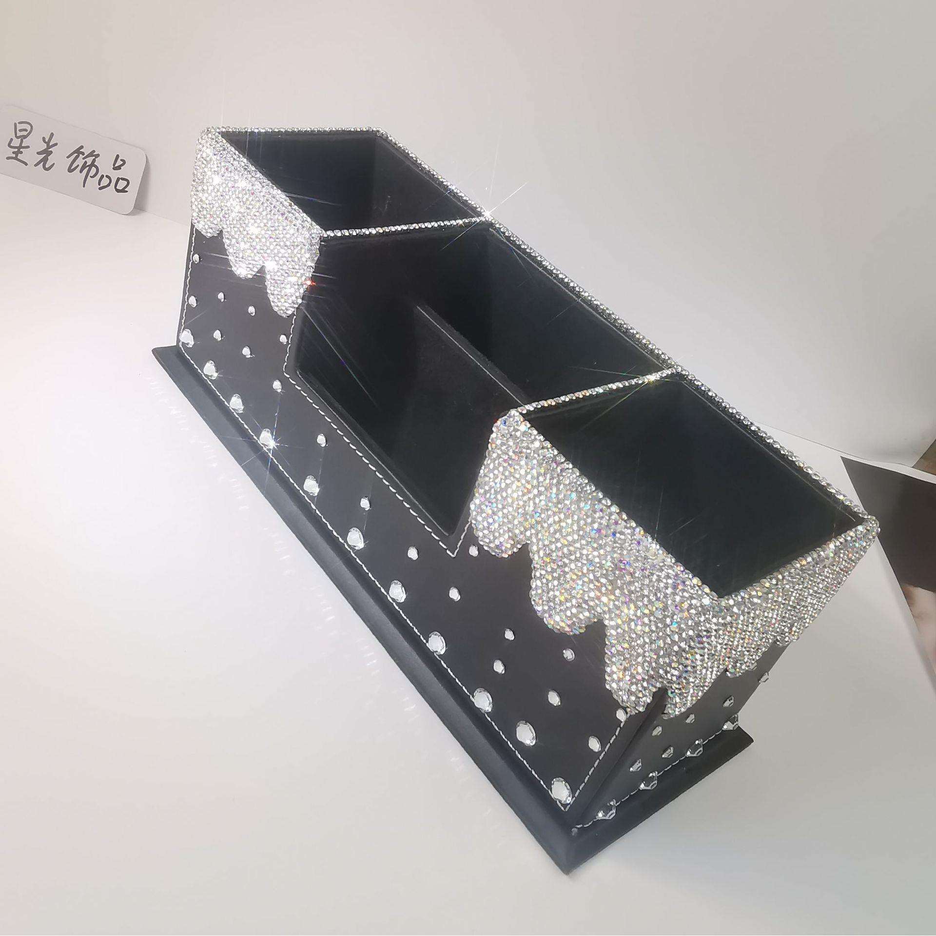高档皮质贴钻笔筒创意时尚酒店办公桌面摆件镶钻水钻笔筒名片座