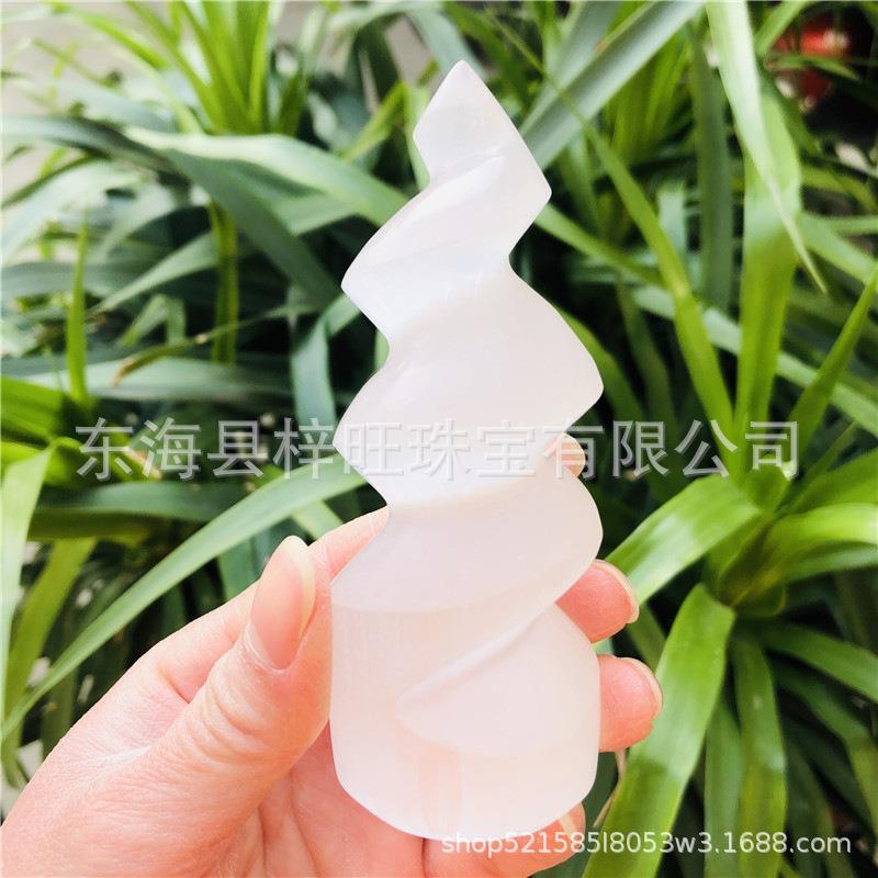 天然石摆件 天然白色石膏石螺旋塔原石打磨雕刻火炬摆件