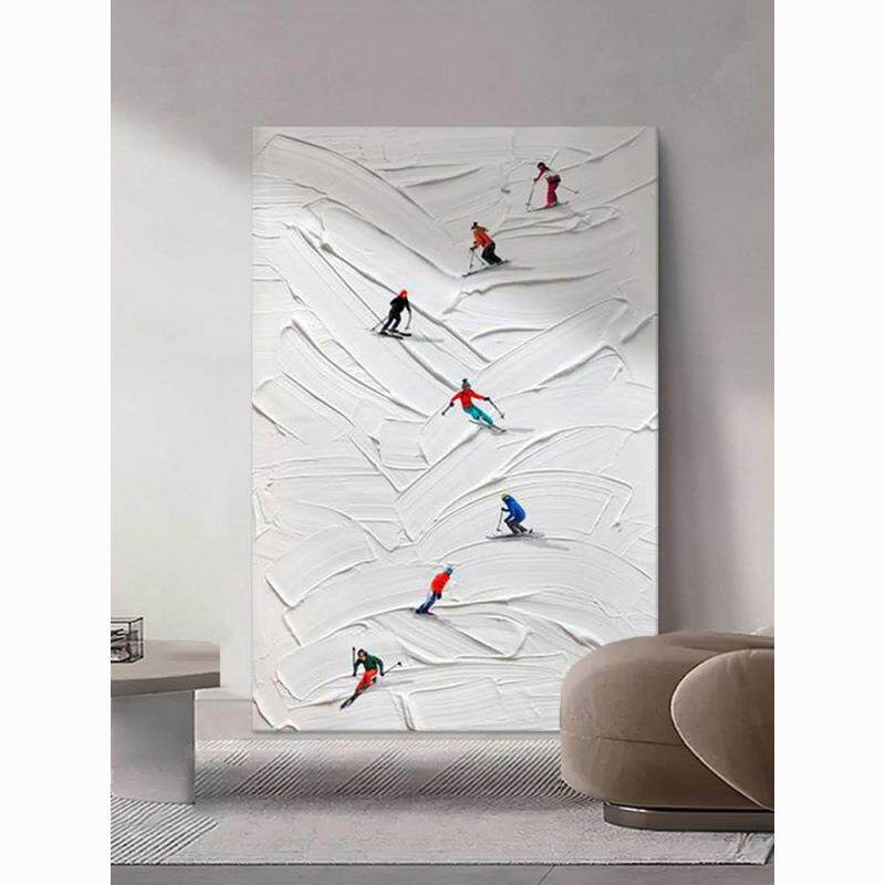顺丰】奶油风滑雪纯手绘油画玄关装饰画客厅抽象人物立体肌理画丙