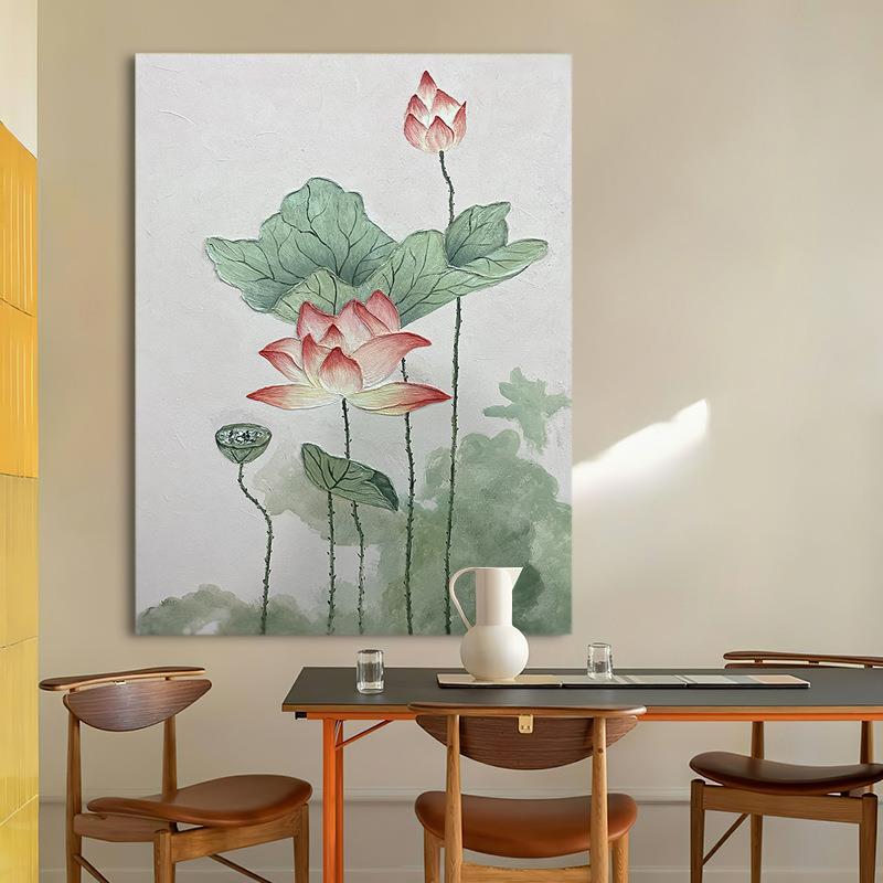 纯手绘大幅荷花油画 沙发背景客厅卧室画玄关餐厅装饰画肌理挂画