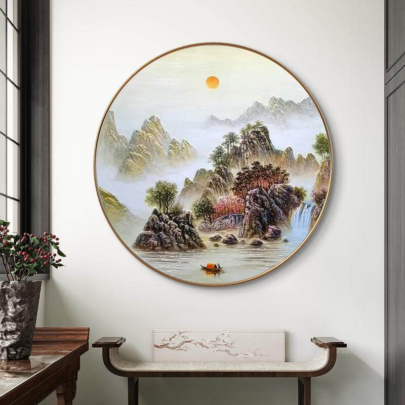 圆形浮雕手绘油画入户玄关装饰画轻奢过道走廊温州汉艺美创纯手绘