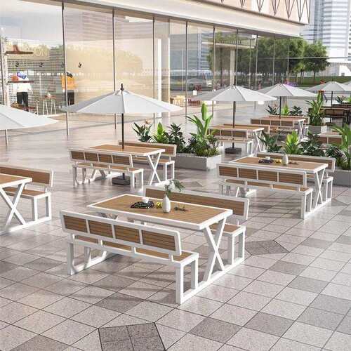 户外庭院露天防水防晒连体桌椅室外商用餐桌塑木靠背长条桌椅组合