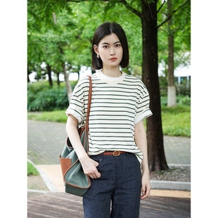 麦德龙夏季 气质休闲通勤显瘦上衣 新款 复古圆领条纹针织女透气短袖