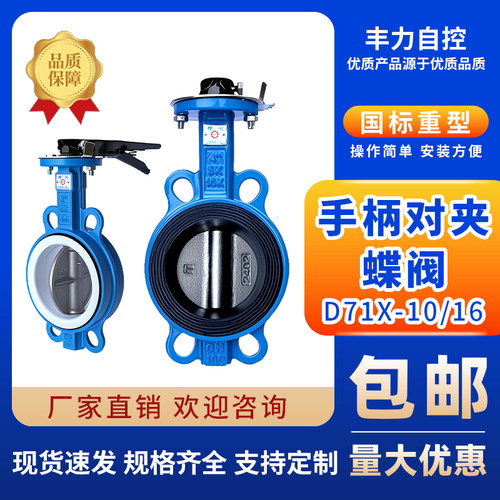 手柄对夹蝶阀D71X-10/16Q/C球墨铸铁四氟304不锈钢板DN50 80 100