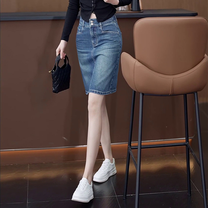 小个子复古蓝色牛仔一步裙女春季新款韩版a字短裙百搭显瘦半身裙A