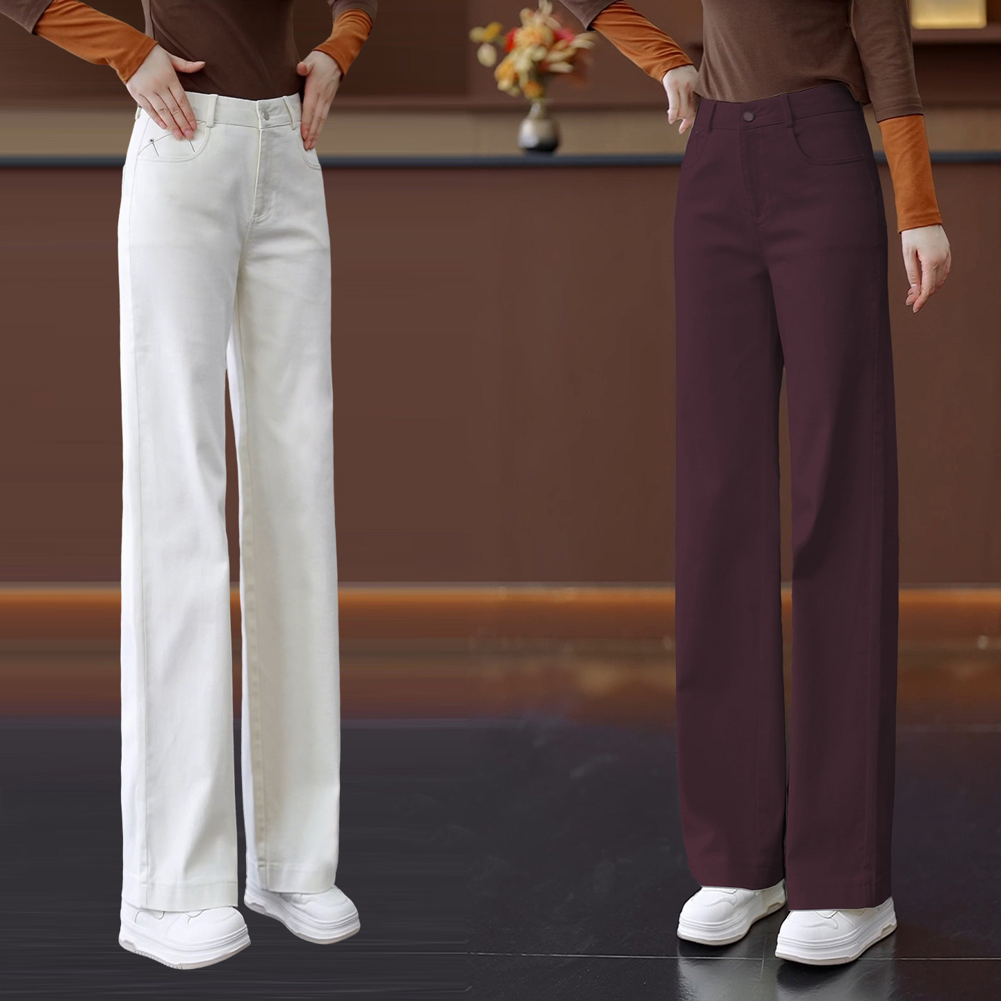 天丝棉红色牛仔窄版直筒裤女舒适百搭休闲长裤春秋新款通勤阔腿裤