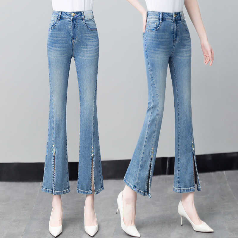 开叉牛仔微喇裤女春秋新款九分裤刺绣高腰喇叭裤小个子显瘦马蹄裤