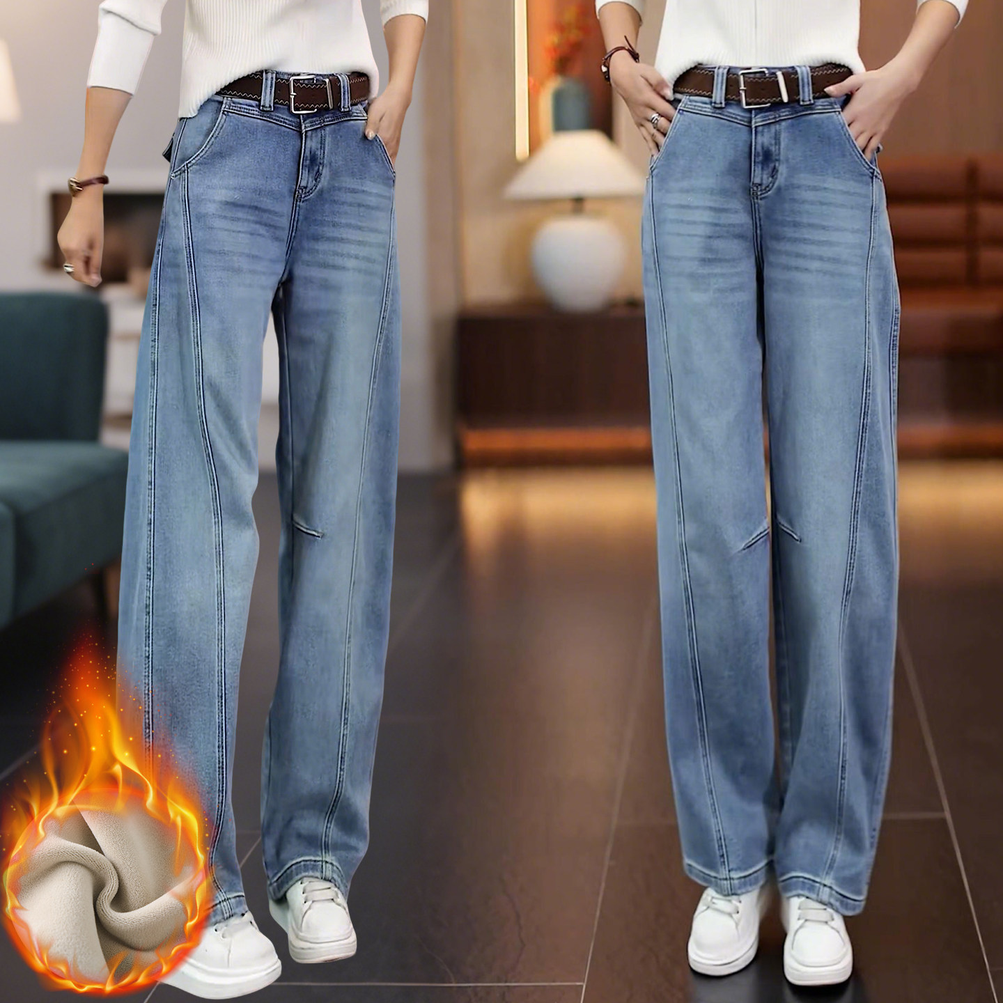 高腰宽松牛仔裤女秋冬防风保暖舒适显瘦弯刀裤加绒加厚阔腿香蕉裤