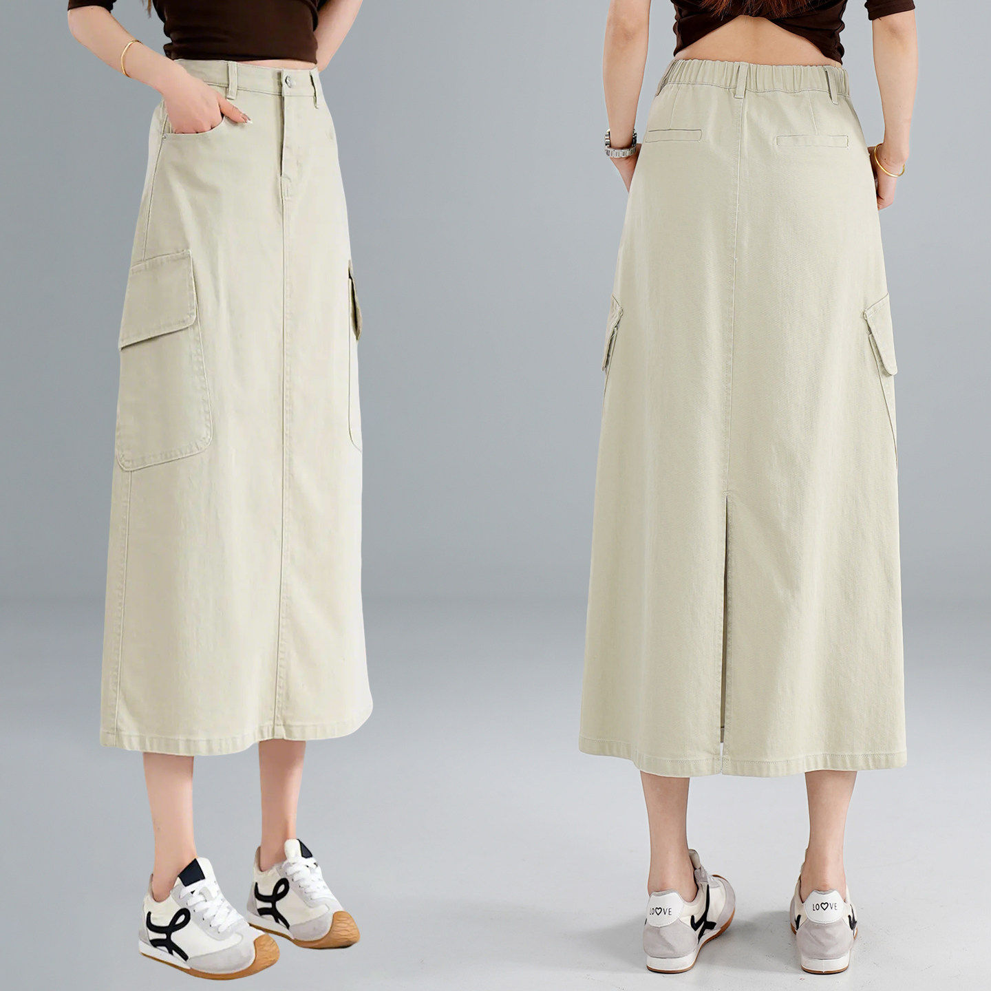 洗水棉高腰A字牛仔半身裙女春秋新款中长款遮胯多口袋包臀工装裙a