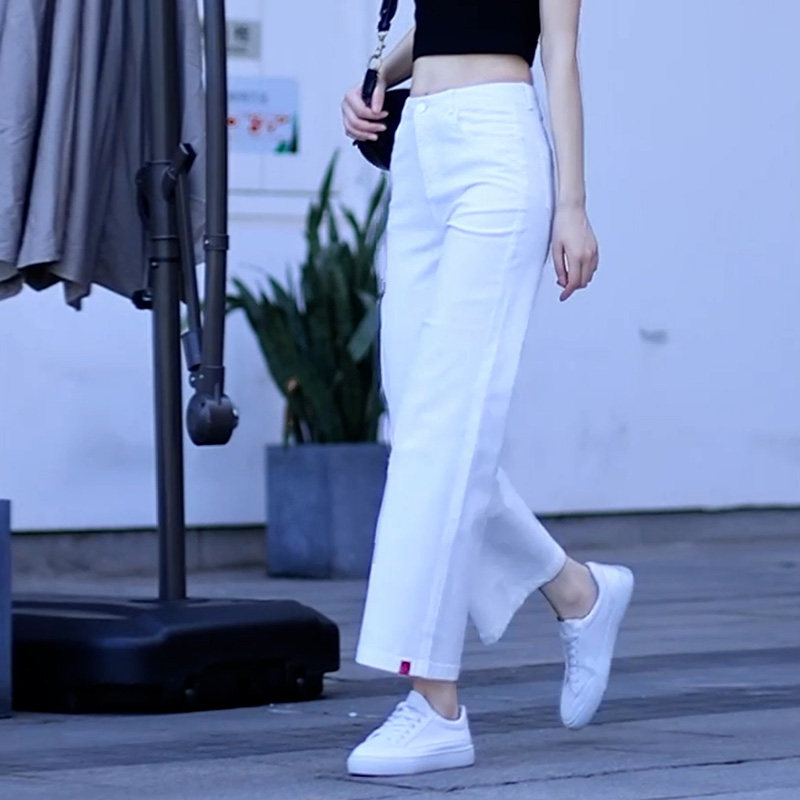 白色九分直筒水洗棉牛仔裤女宽松春秋2026年新款高腰小个子阔腿裤