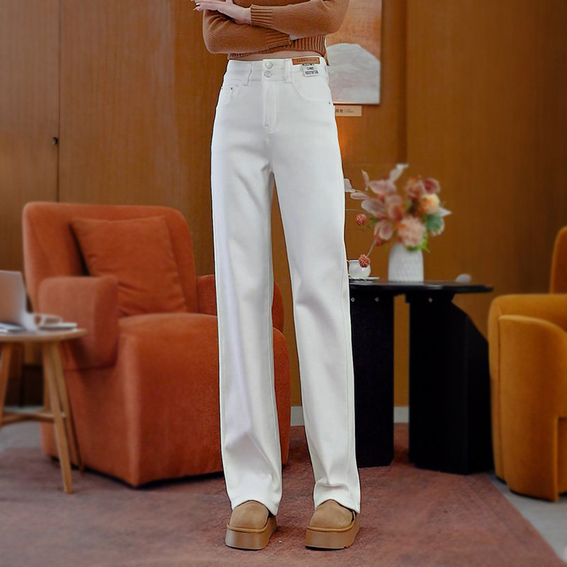 白色牛仔阔腿裤女春秋宽松舒适百搭窄版直筒裤高腰显瘦休闲长裤子