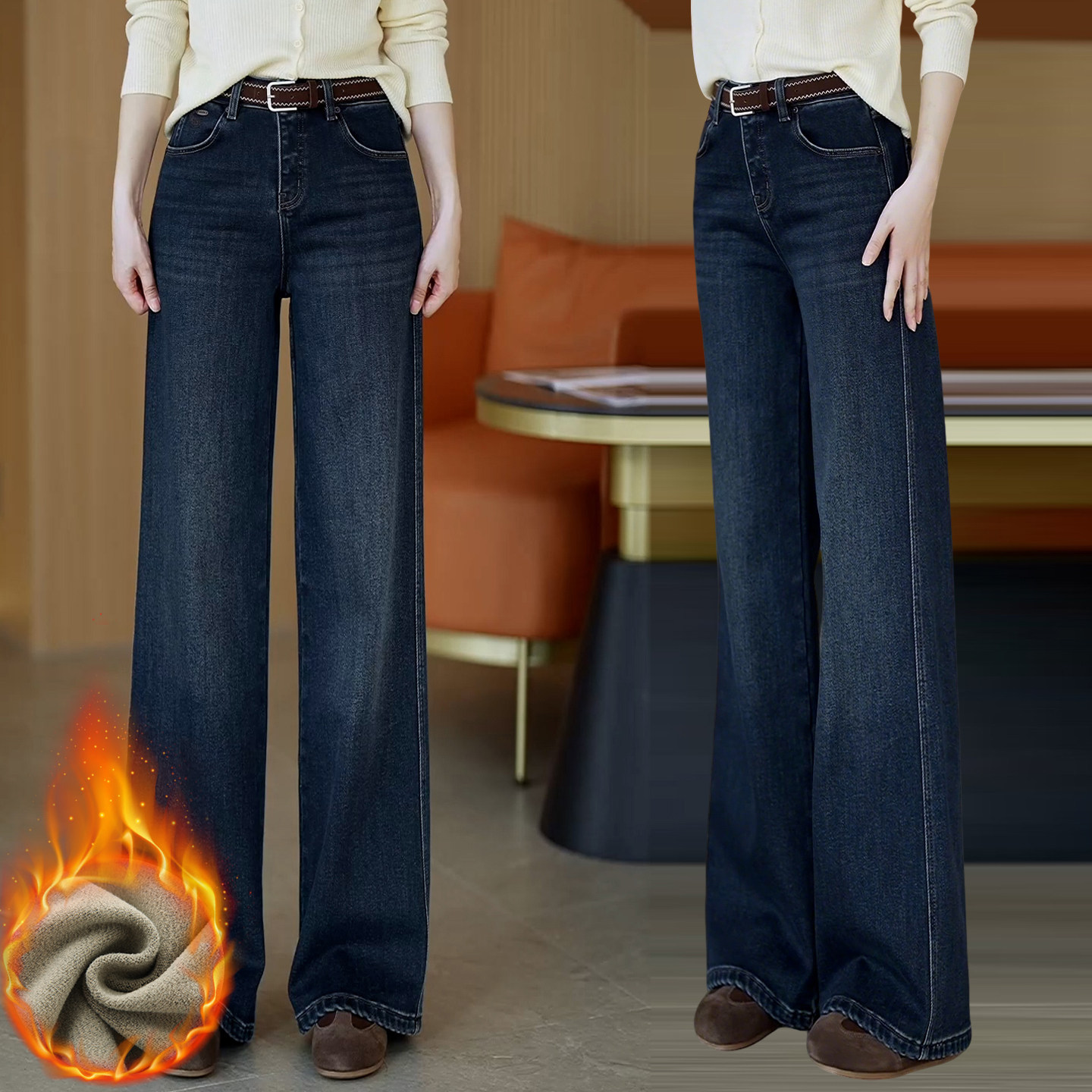 百搭牛仔直筒裤女士秋冬加绒加厚舒适保暖阔腿裤时尚洋气刺绣长裤