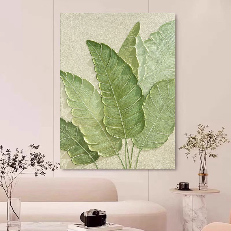 手绘油画侘寂风厚肌理立体客厅玄关装饰挂画简约芭蕉叶家大业大图片