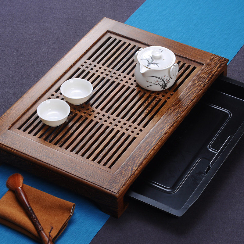 功夫茶具大小号鸡翅木茶盘实木制茶茶梨木抽屉水储水茶台