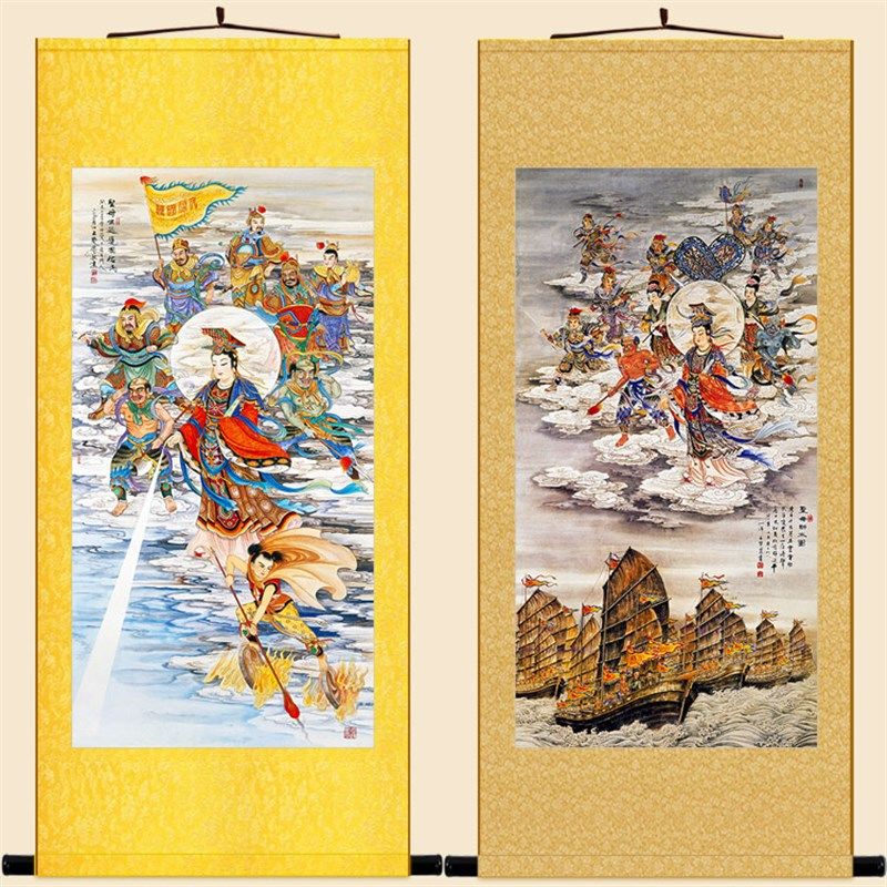 妈祖出巡护国佑民图 圣母助水图画像 天妃神丝绸画卷轴挂画