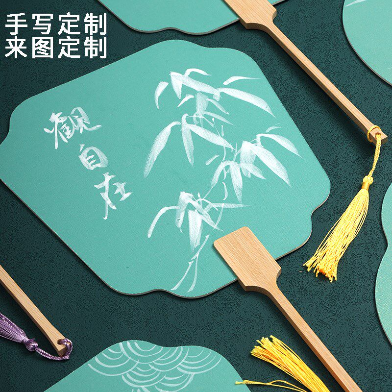 手绘团扇绿色扇子古风国画级夏天用的汉服拍摄