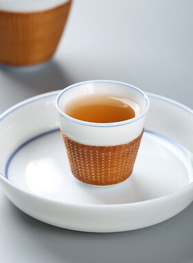 新竹编竹丝扣瓷茶杯白瓷盖碗竹编杯子功夫茶具杯