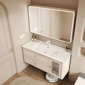 法式 一体陶瓷盆浴室柜美妆带镜柜奶油风洗漱台