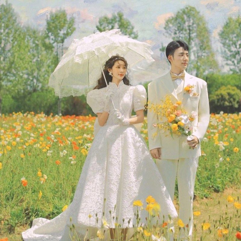 婚纱拍照摄影道具法式边伞欧式新娘伞结婚蕾丝白色绣遮阳伞