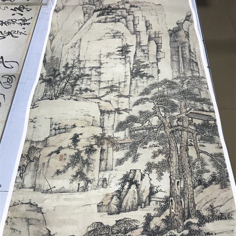 僧 弘仁渐江 松溪石壁图立轴 山水国画宣微喷饰
