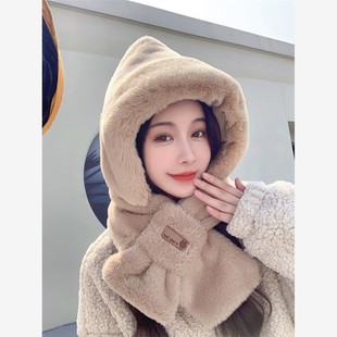 围巾和帽子一体式秋冬保暖长毛绒围巾加厚寒风骑行护耳帽2024新款