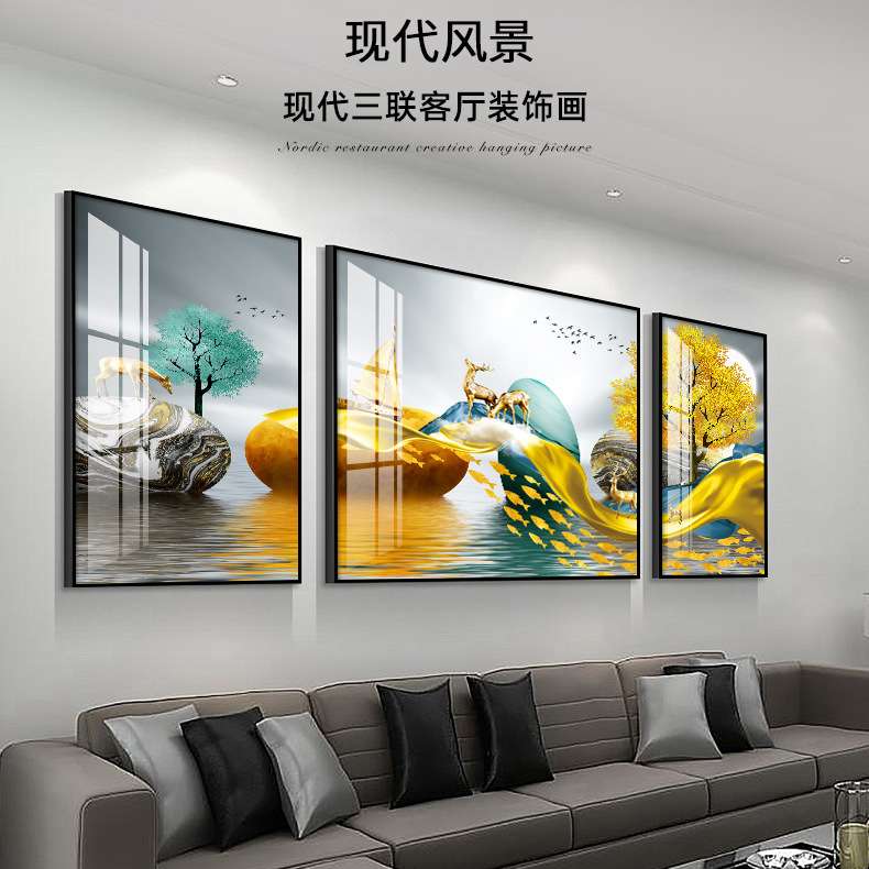 客厅装饰画现代中式晶瓷油画三联画沙发背景墙壁画麋鹿发财石来图片