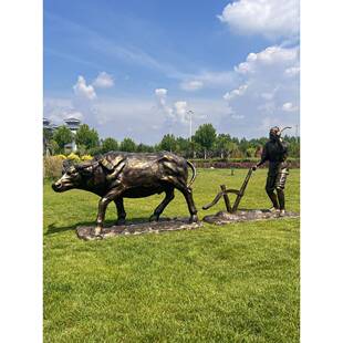 玻璃钢农耕人物摆件农民户外牛拉犁耕地民俗文化乡村铸铜雕塑定制