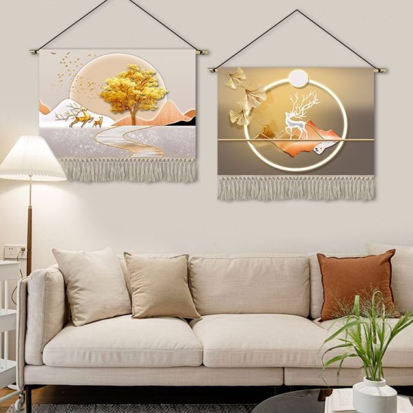 灯光麋鹿挂画布艺餐厅床头装饰画背景墙挂毯画玄关横版挂布定制画图片