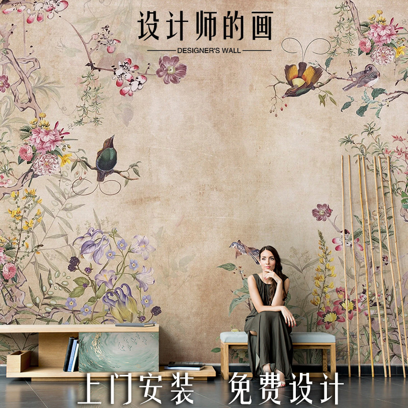 法式复古花鸟客厅沙发电视机背景墙壁纸玄关背景装饰定制壁画墙纸图片