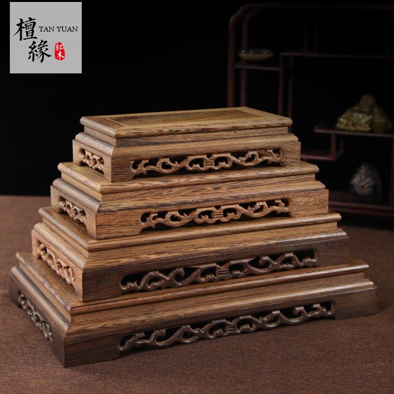 红木雕刻鸡翅木大长方云纹底座奇石实木底座盆